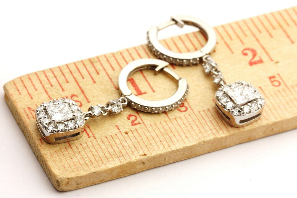 14k white gold 1.54ctw natural diamond dangle drop huggie hoop earrings 4.6g new