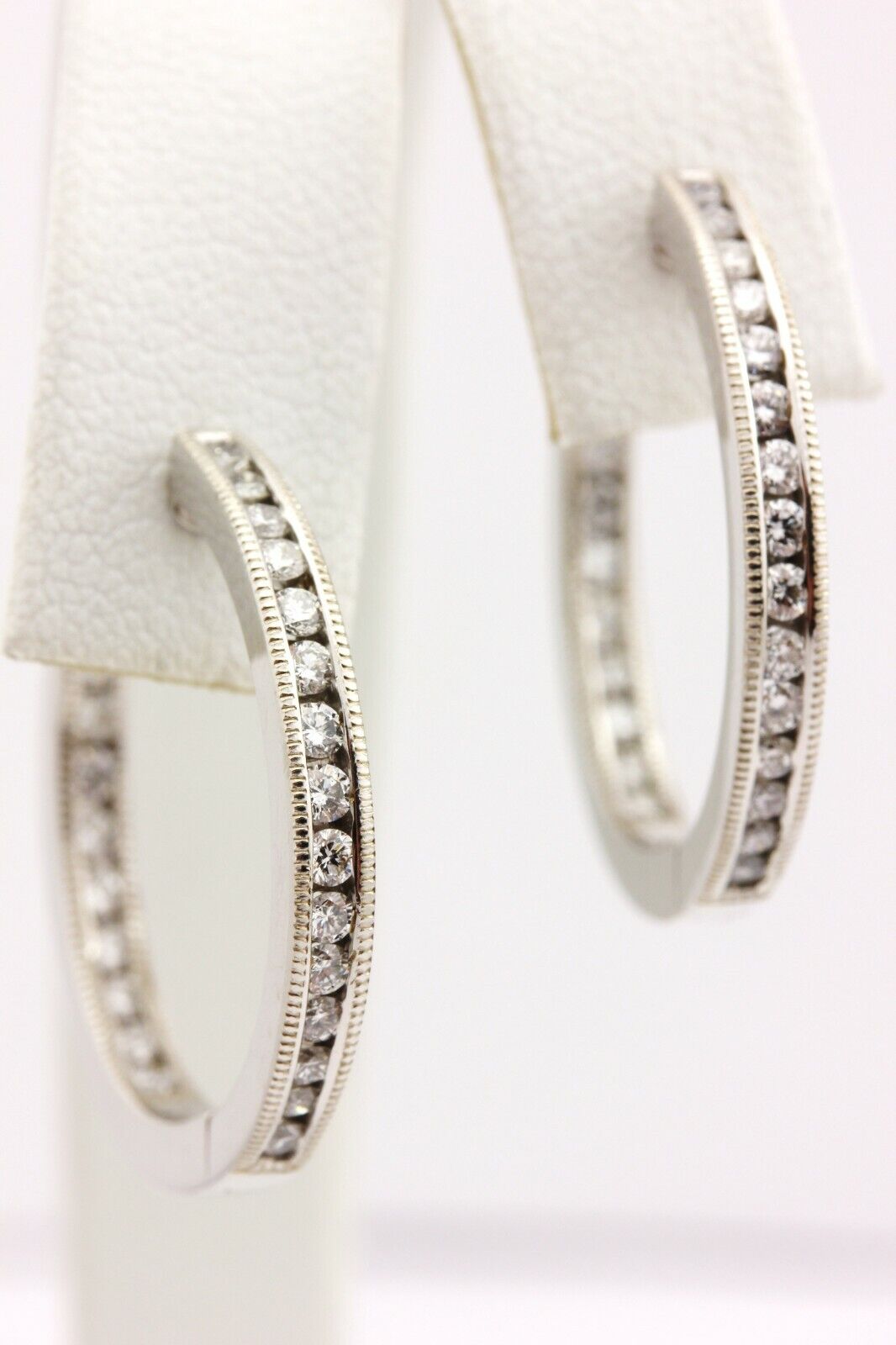 14k white gold 1.04ctw round diamond inside outside hoop earrings 2mm 1" estate