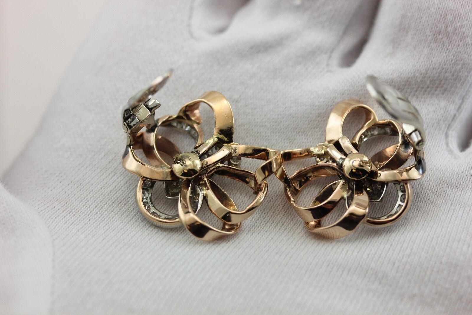 Estate Platinum 10k Rose gold .86ctw diamond butterfly clip on earrings vintage