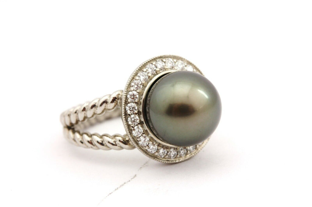 palladium round black Tahitian pearl diamond halo ring size 6.75 twist 8.62g