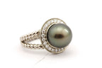 palladium round black Tahitian pearl diamond halo ring size 6.75 twist 8.62g