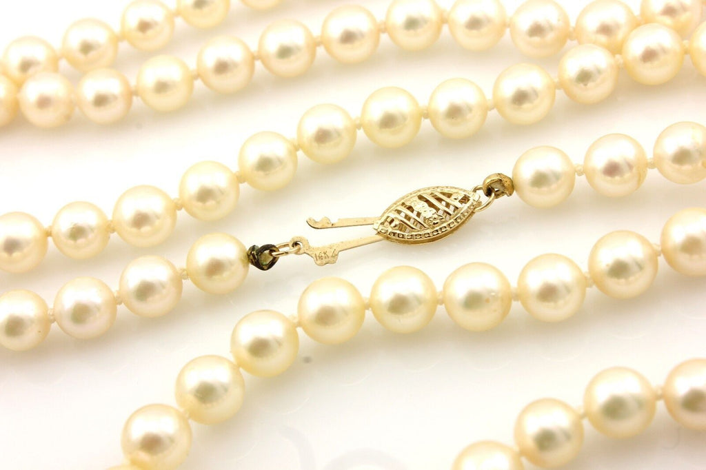 14k yellow gold 30" 6 - 6.5mm round cream cultured pearl strand necklace estate
