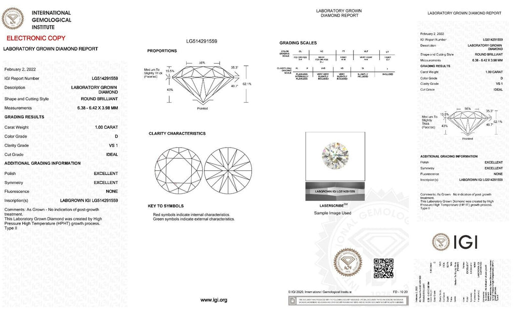 14k white gold 2.00ctw 6.4mm round diamond lab-created stud earrings IGI D VS1