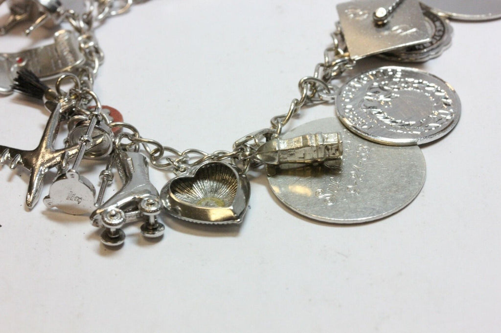 sterling silver 7 inch charm bracelet chain 21 charms estate vintage 45.46g