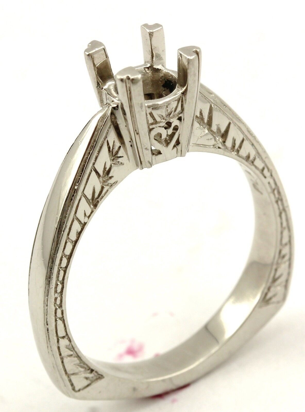 Platinum Solitaire Engagement Ring Setting Deco Engraved Cathedral Square Shank