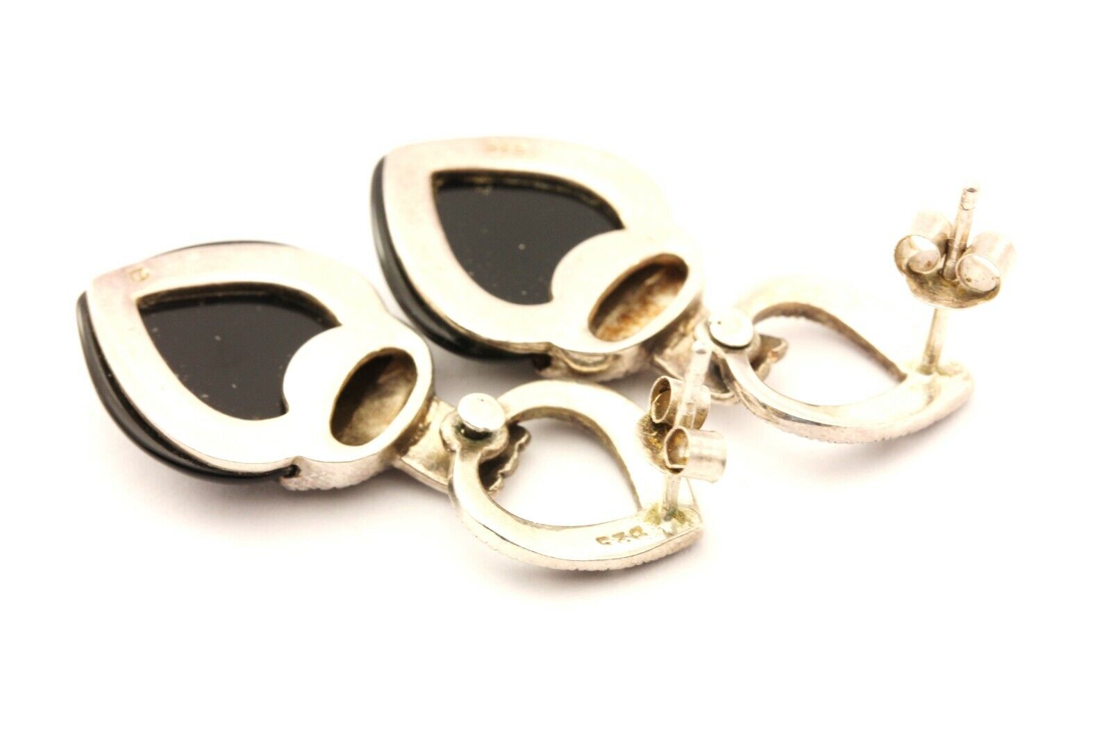 925 sterling silver marcasite black onyx heart dangle drop earrings 7.2g 1.5inch