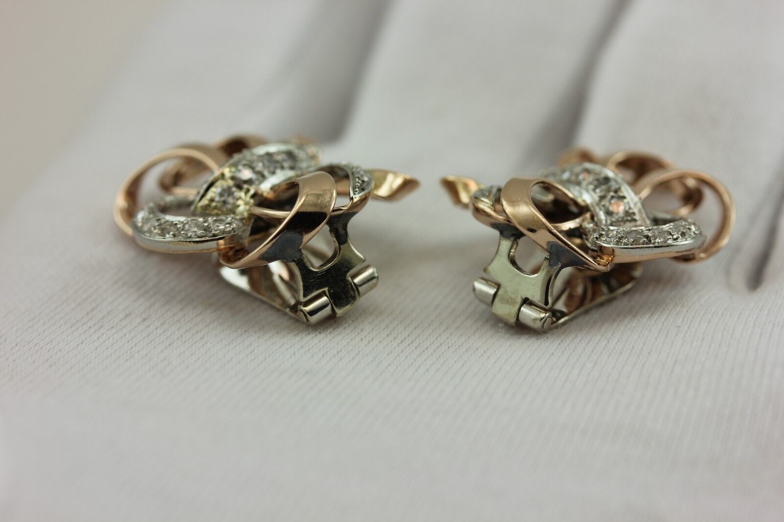 Estate Platinum 10k Rose gold .86ctw diamond butterfly clip on earrings vintage