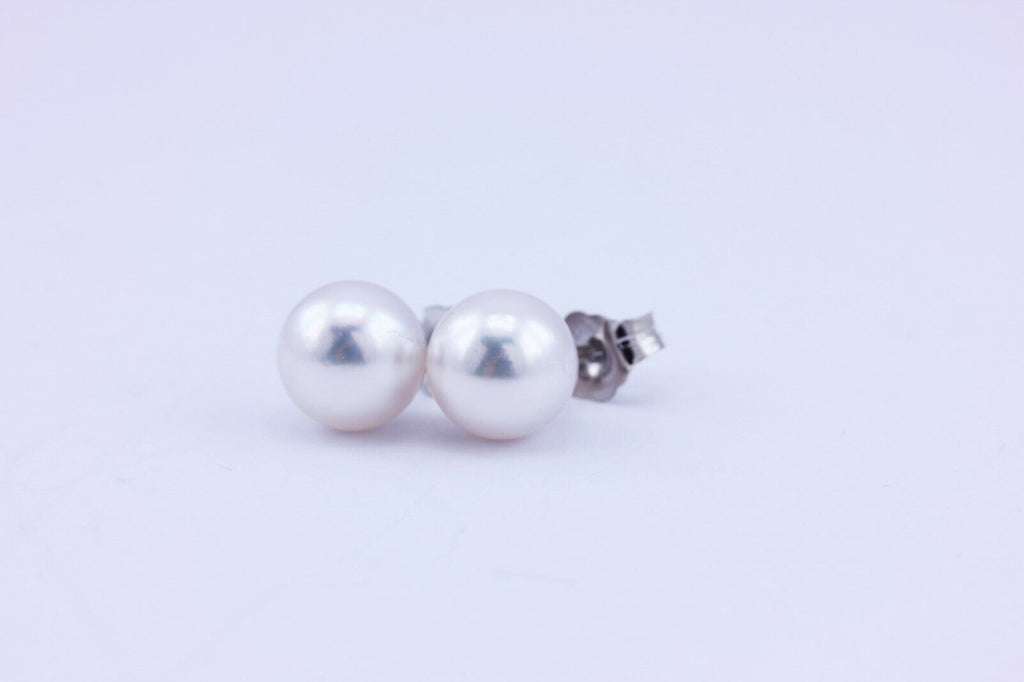 14k white gold 7.20-7.30mm round white pearls stud earrings new