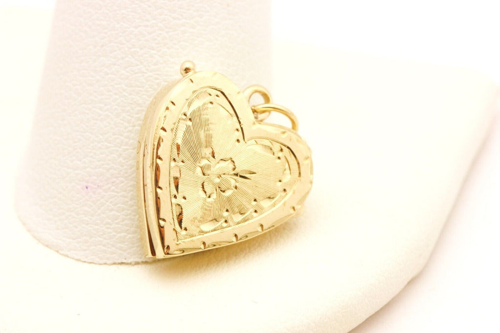 14k yellow gold engraved heart locket pendant charm 15mm 2.49g estate vintage