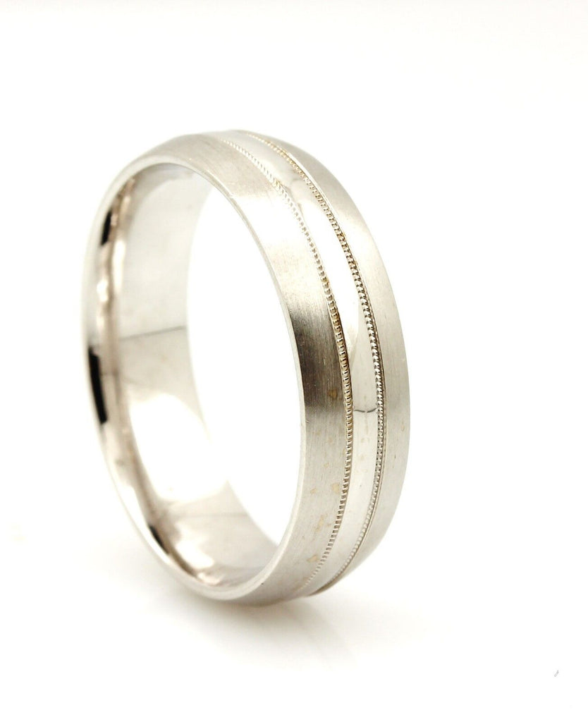 14k white gold Men's wedding band ring 6mm size 10 polish milgrain satin 6.93g