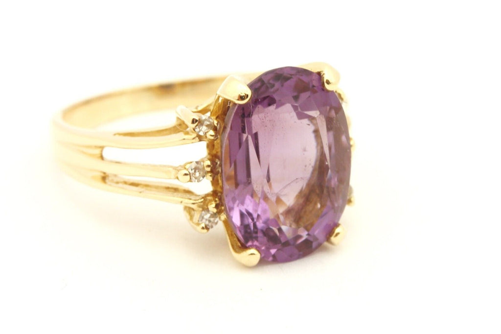 14k yellow gold 5ct oval purple amethyst 0.10ctw diamond ring sisze 8.5 4.96g
