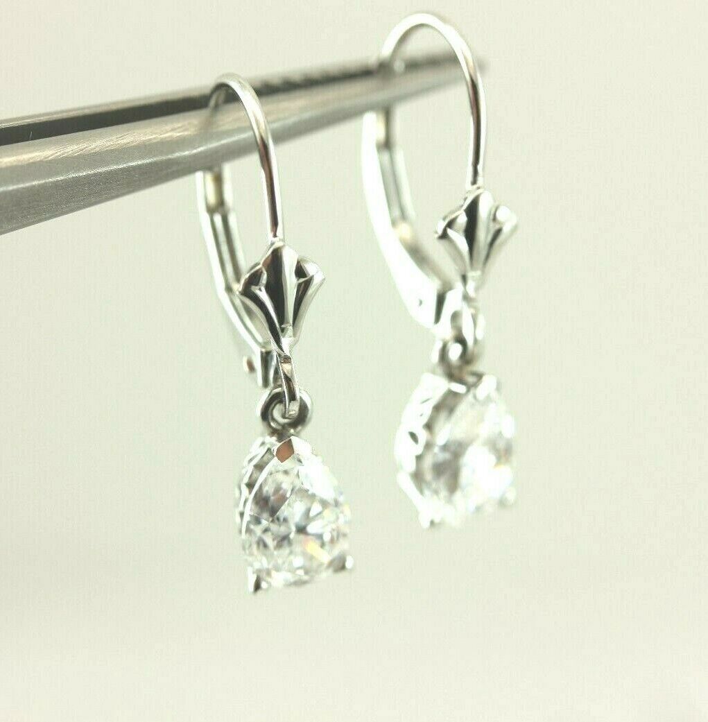 14k white gold 7.5mm CZ pear dangle earrings scroll fleur de lis leverback NEW