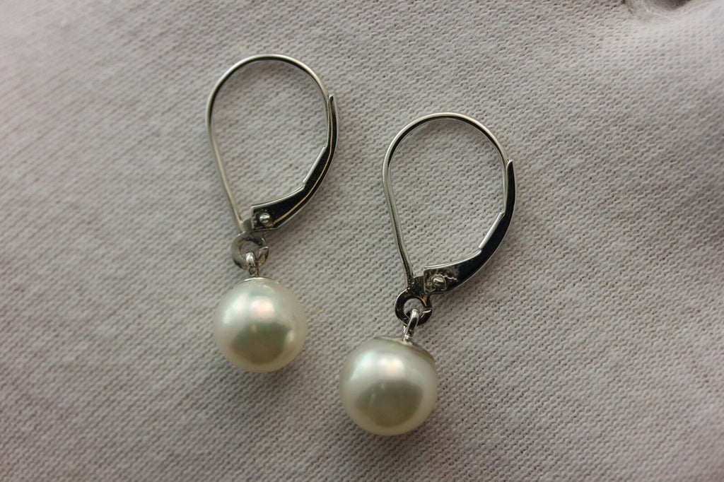 14k white gold 1 inch drop dangle 7.5mm round white cultured pearl earrings NEW