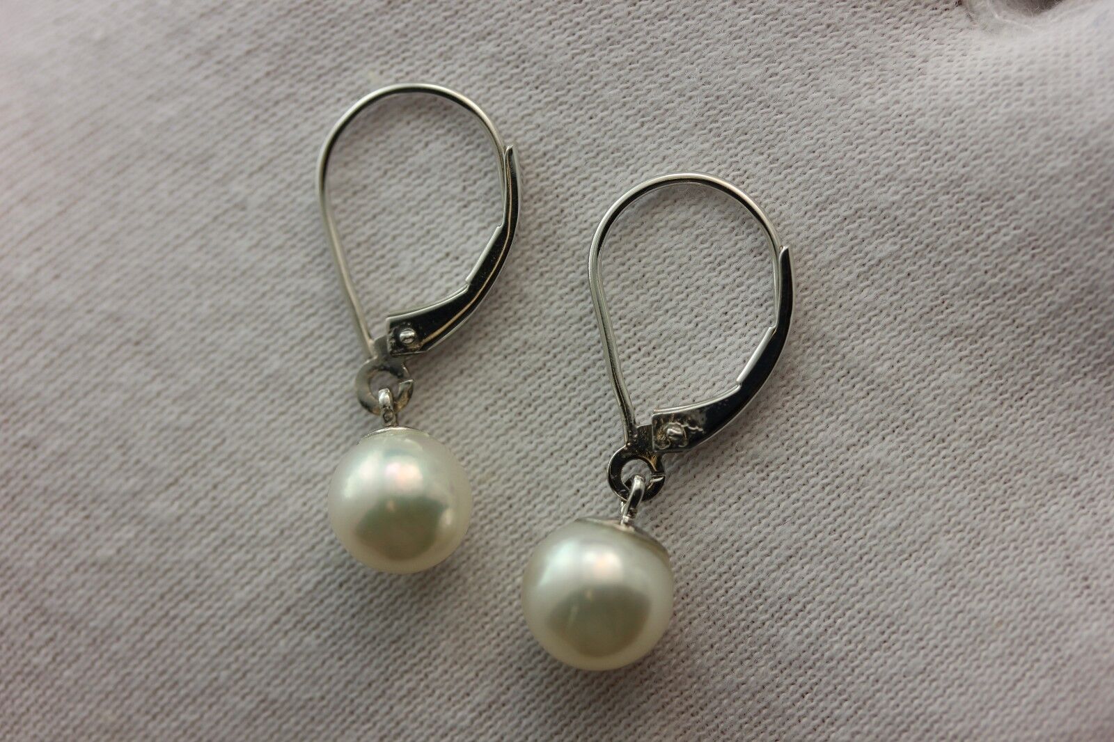 14k white gold 1 inch drop dangle 7.5mm round white cultured pearl earrings NEW