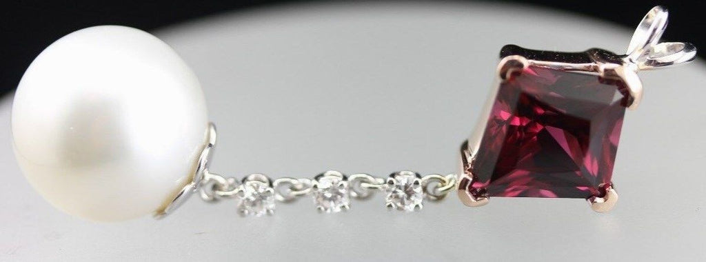 14k rose white gold red Spinel South Sea cultured pearl diamond dangle pendant