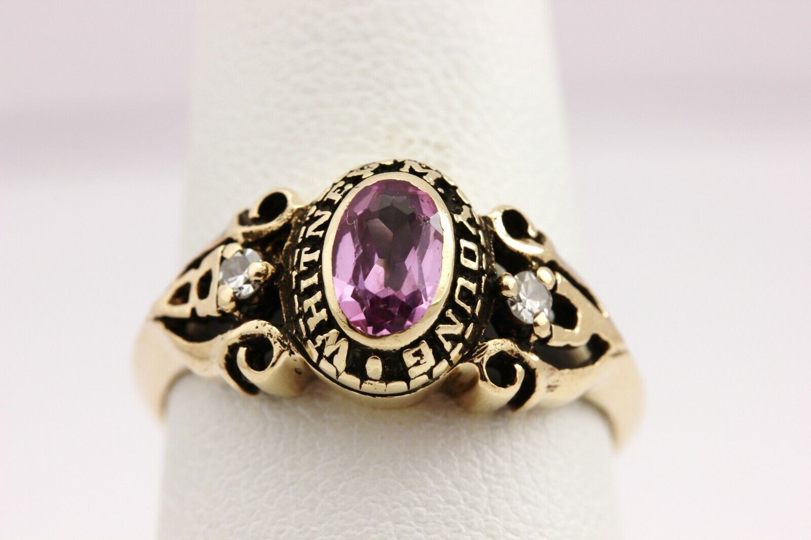 10k yellow gold pink sapphire diamond class ring 1984 size 6.25 estate vintage