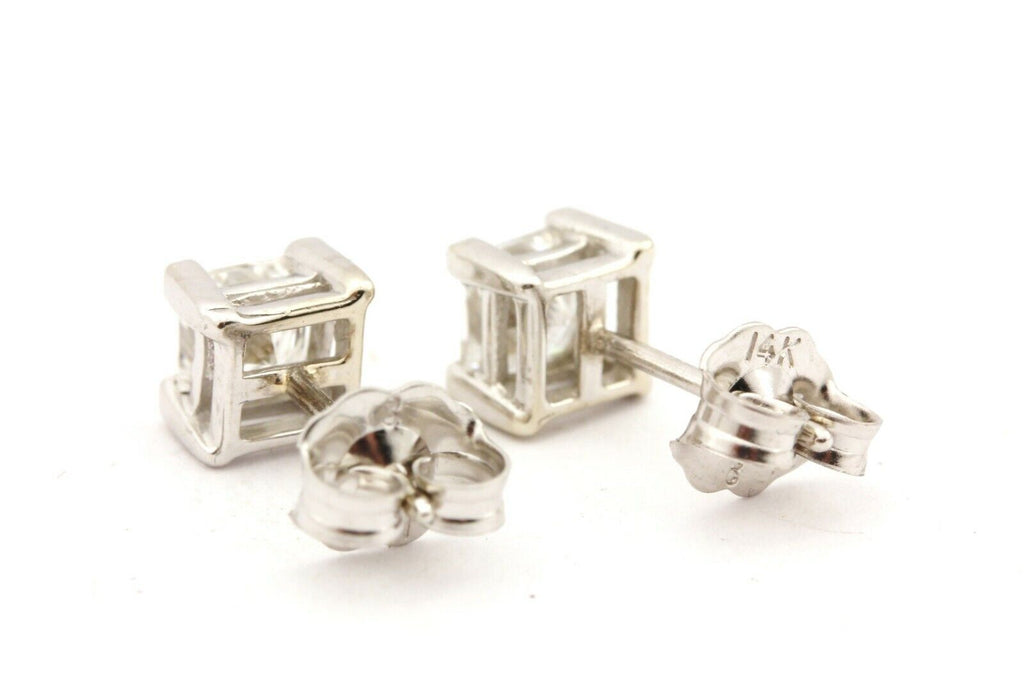 14k white gold 4mm square princess cut 0.80ctw stud earrings estate 1.1g