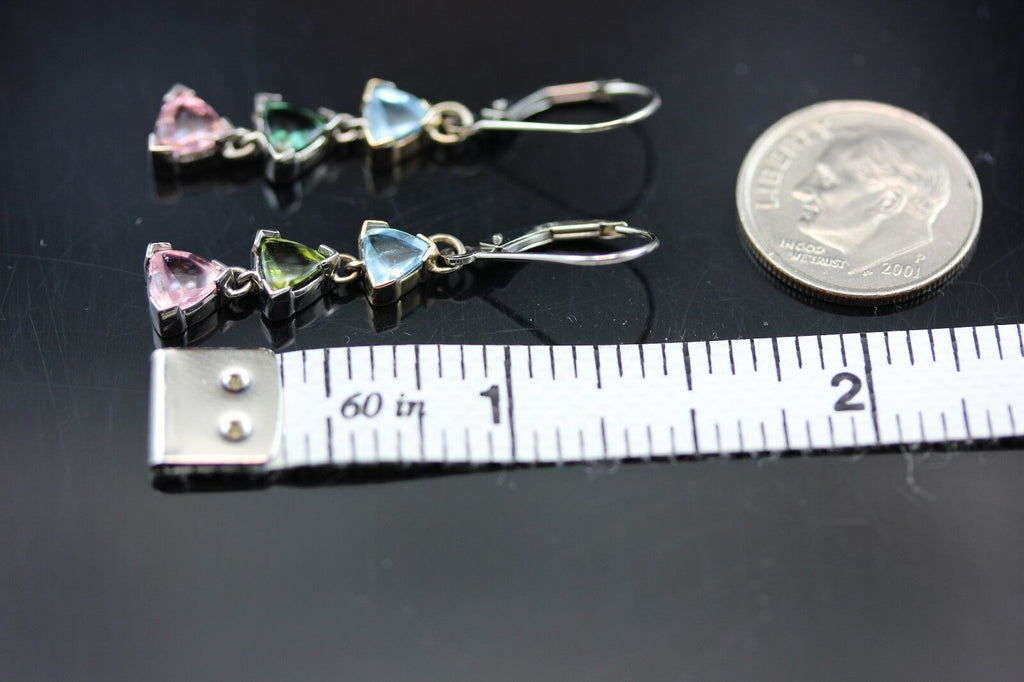 14k white gold dangle drop 1.5" earrings aquamarine tourmaline triangle NEW
