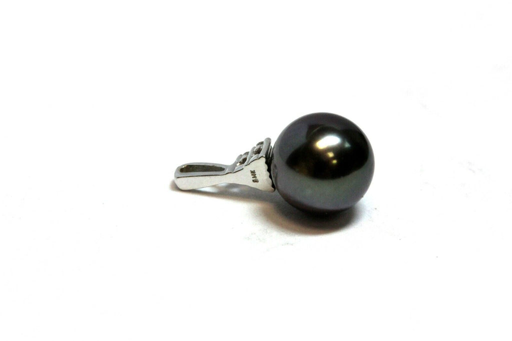 14k white gold 8.75mm round Tahitian black pearl diamond pendant new 1.31g