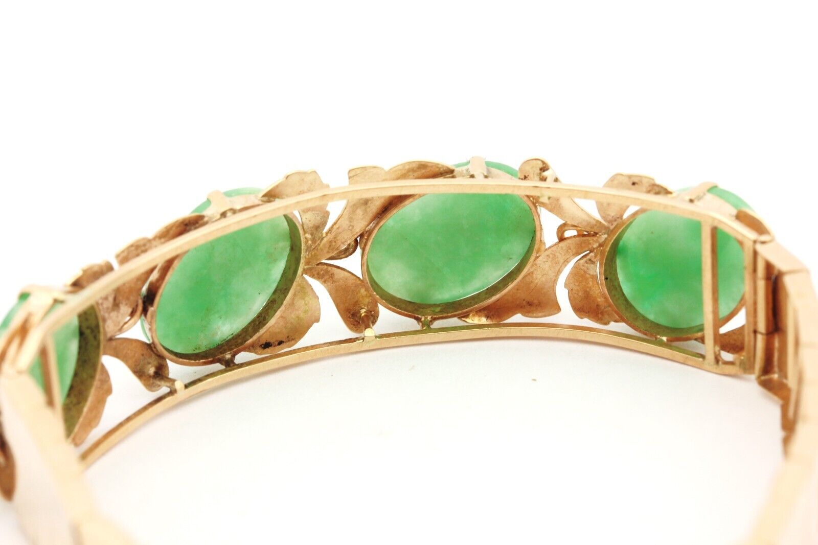 14k rose gold green jadeite jade bracelet 7 inch 14.3mm 15.65g vintage estate