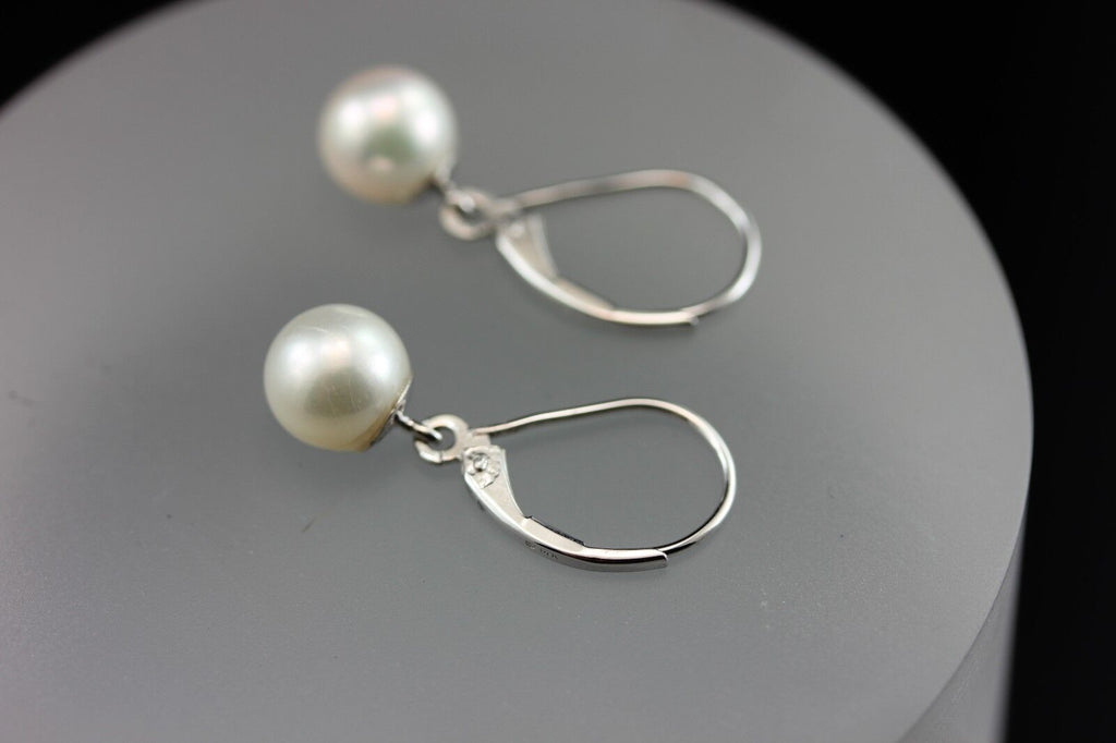 14k white gold 1 inch drop dangle 7.5mm round white cultured pearl earrings NEW