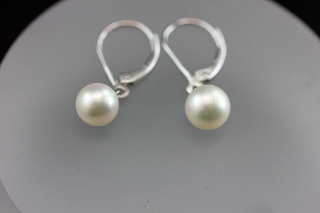 14k white gold 1 inch drop dangle 7.5mm round white cultured pearl earrings NEW