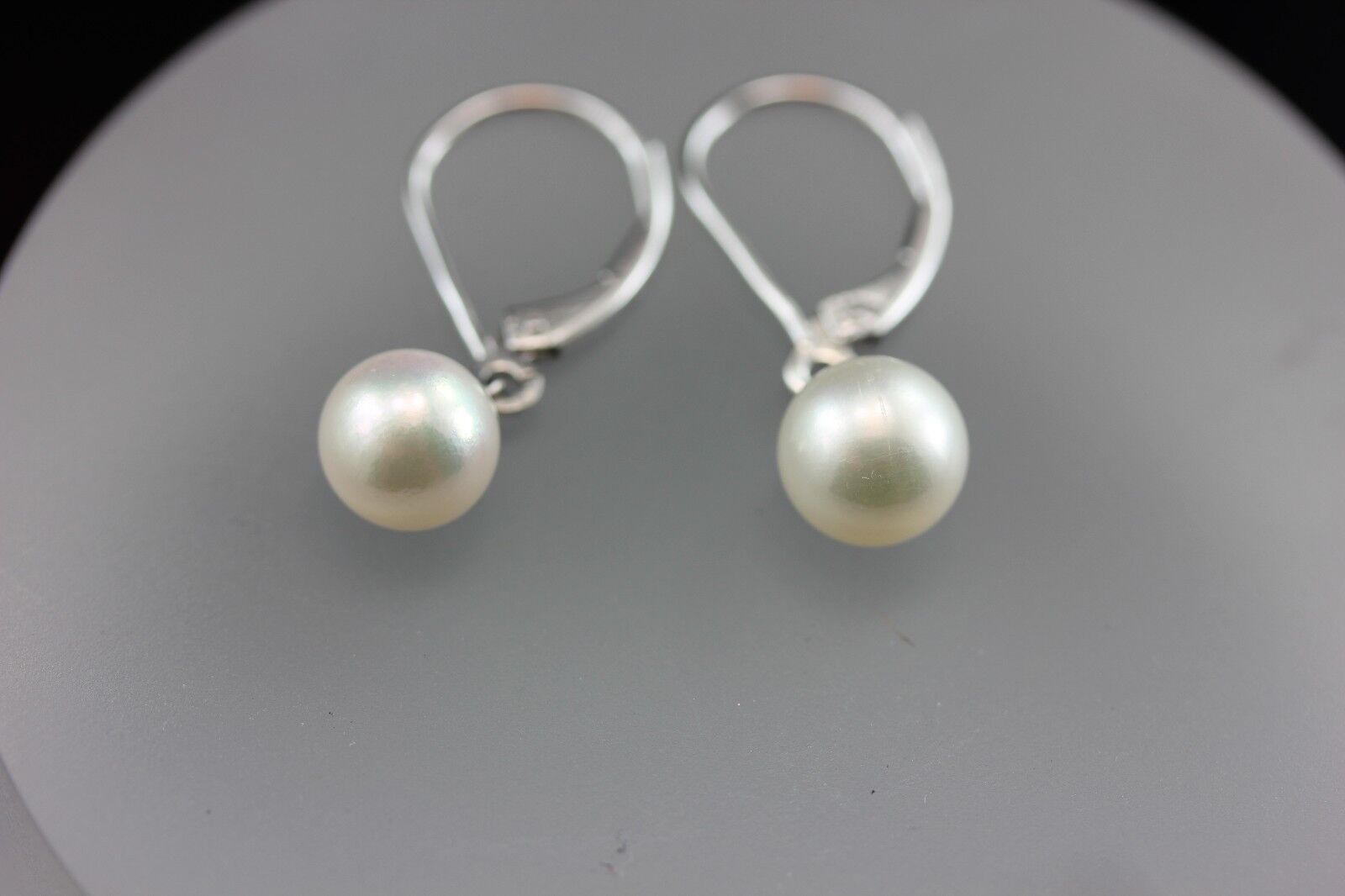14k white gold 1 inch drop dangle 7.5mm round white cultured pearl earrings NEW