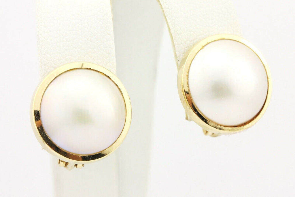 14k yellow gold 13mm round white mabe pearl earrings 4.54g vintage estate