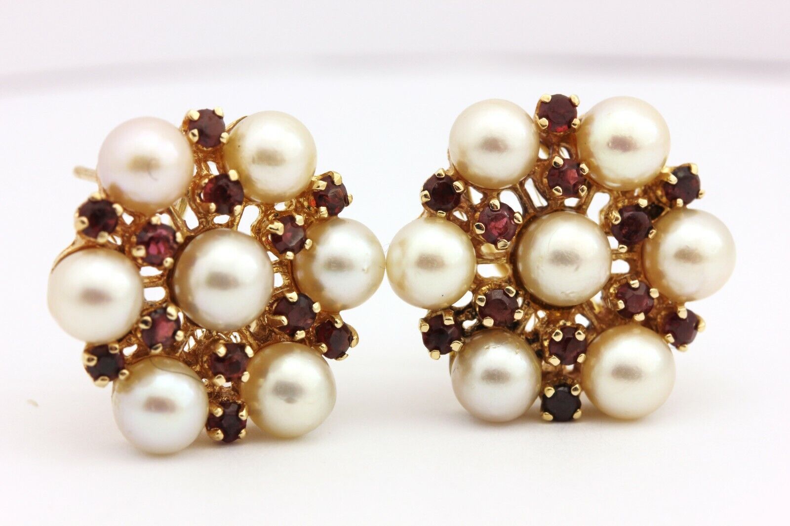 14k yellow gold garnet pearl drop dangle stud earrings 1.75 inch 12g vintage