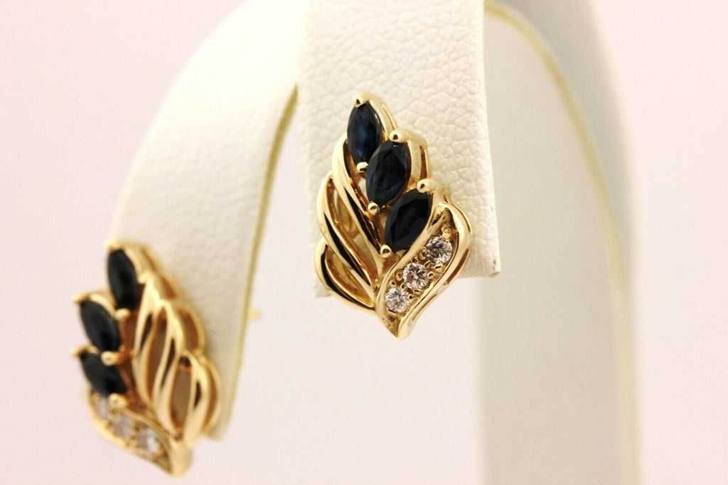 14k yellow gold 0.50ctw sapphire 0.10ctw diamond stud earrings estate 2.8g leaf