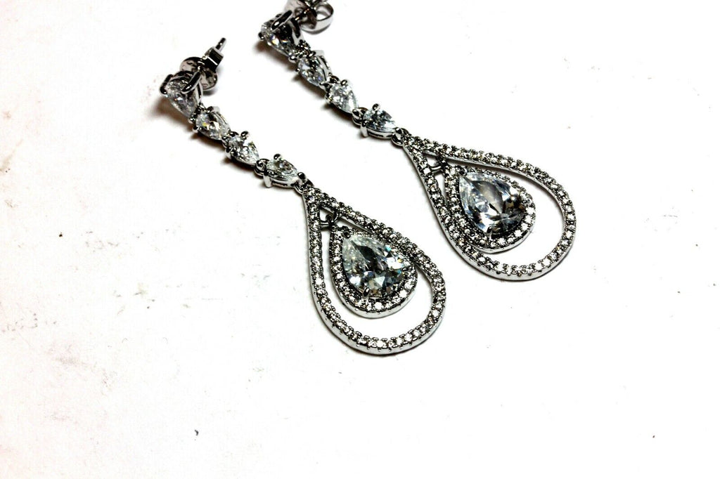 Bridal costume fashion drop dangle earrings CZ chandelier new silver color 8.2g