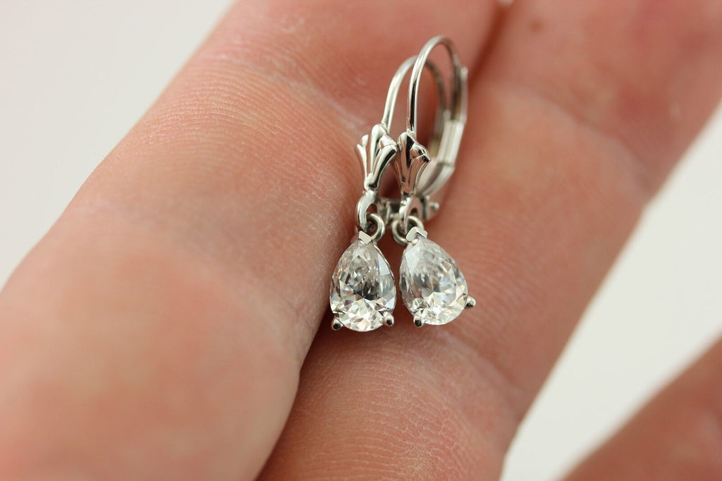 14k white gold 7.5mm CZ pear dangle earrings scroll fleur de lis leverback NEW