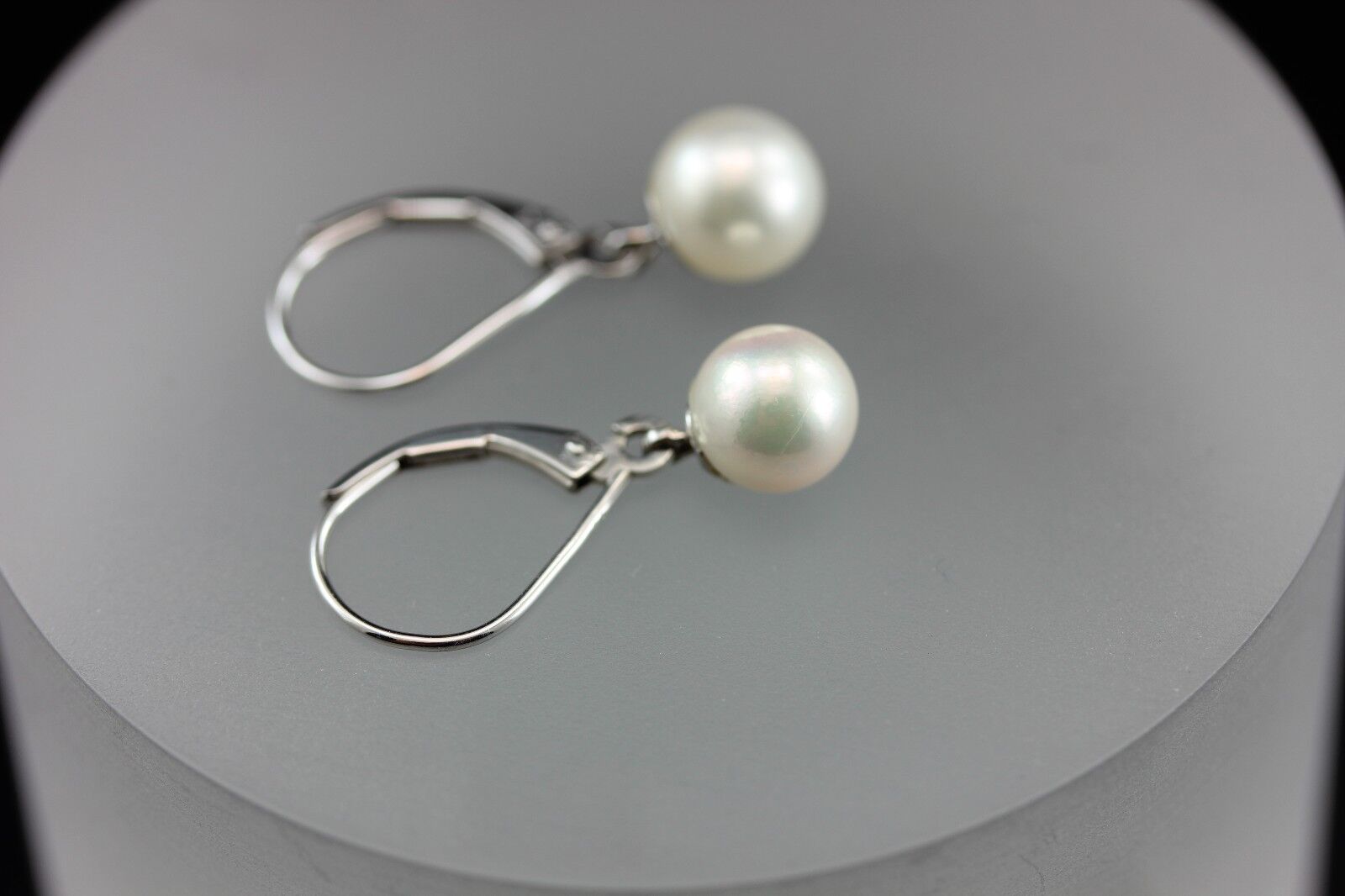 14k white gold 1 inch drop dangle 7.5mm round white cultured pearl earrings NEW