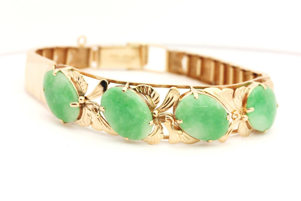 14k rose gold green jadeite jade bracelet 7 inch 14.3mm 15.65g vintage estate