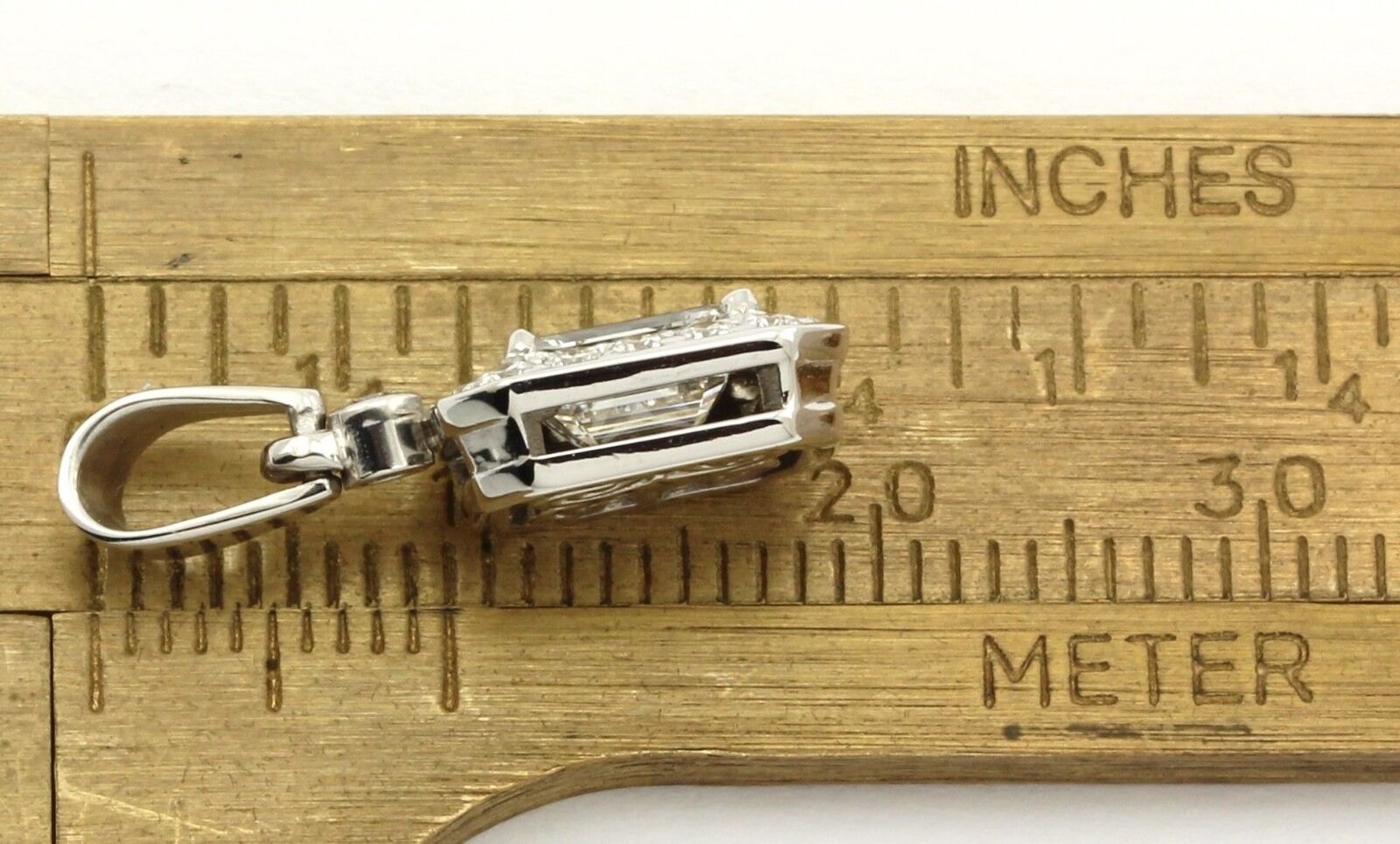 14k white gold 20mm drop halo pendant GIA emerald cut diamond ESTATE 1.15ctw