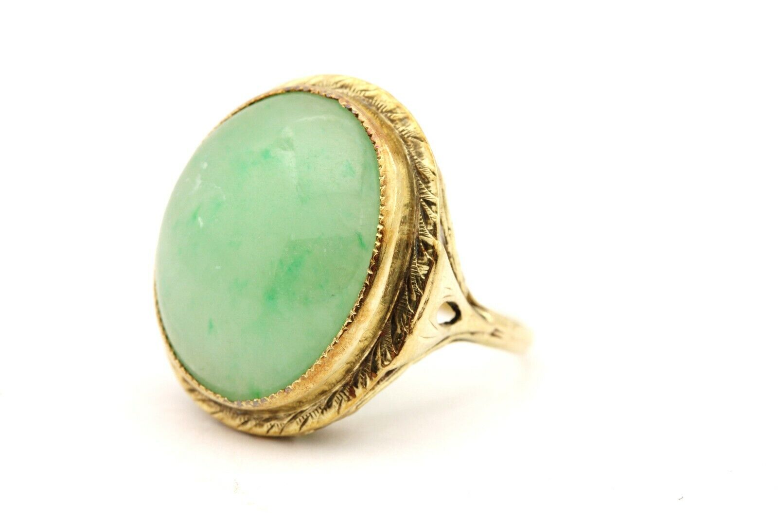 14k yellow gold oval green chalcedony vintage antique ring size 5.75 6.7g