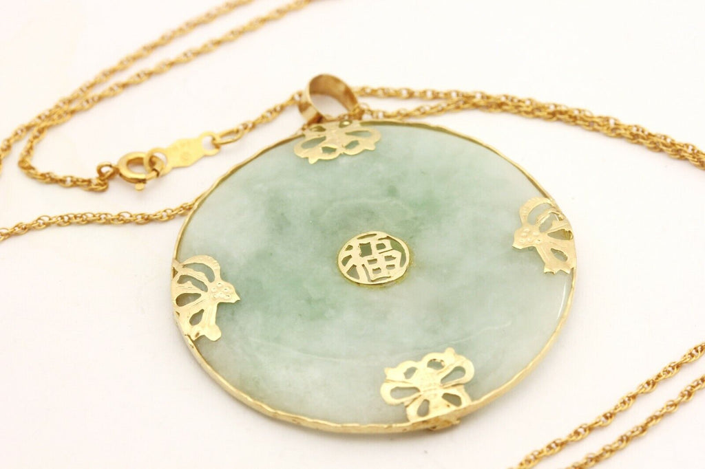 14k yellow gold 35mm green jadeite jade circle pendant 18 inch necklace 10.6g