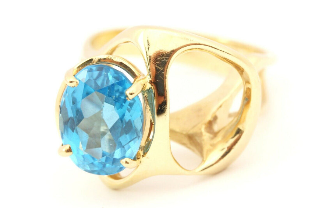 AR 14k yellow gold 5ct 12x9mm oval blue topaz ring size 8 7.8g vintage estate