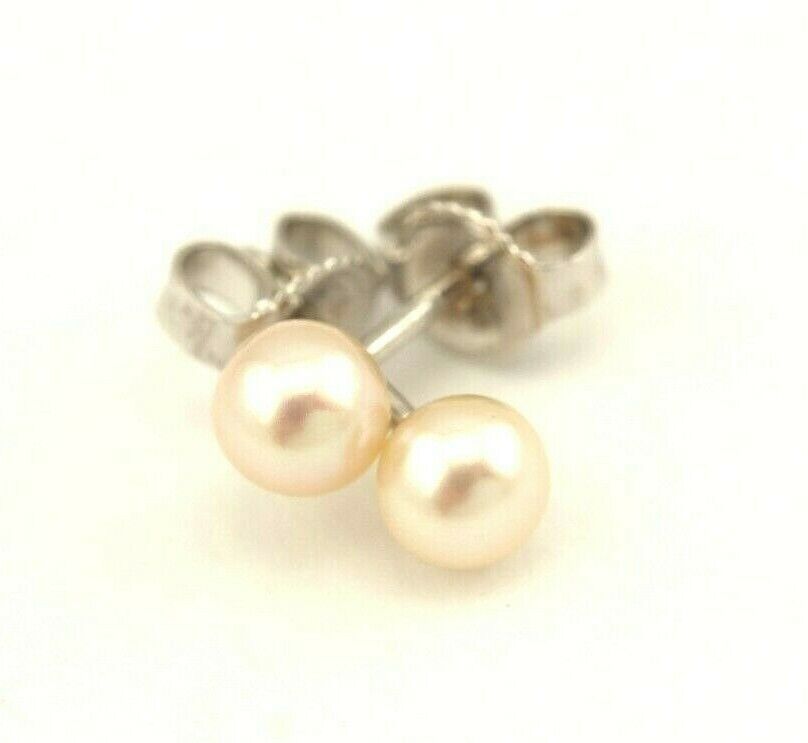 14k white gold 4-4.5mm white round cultured pearl stud earrings NEW
