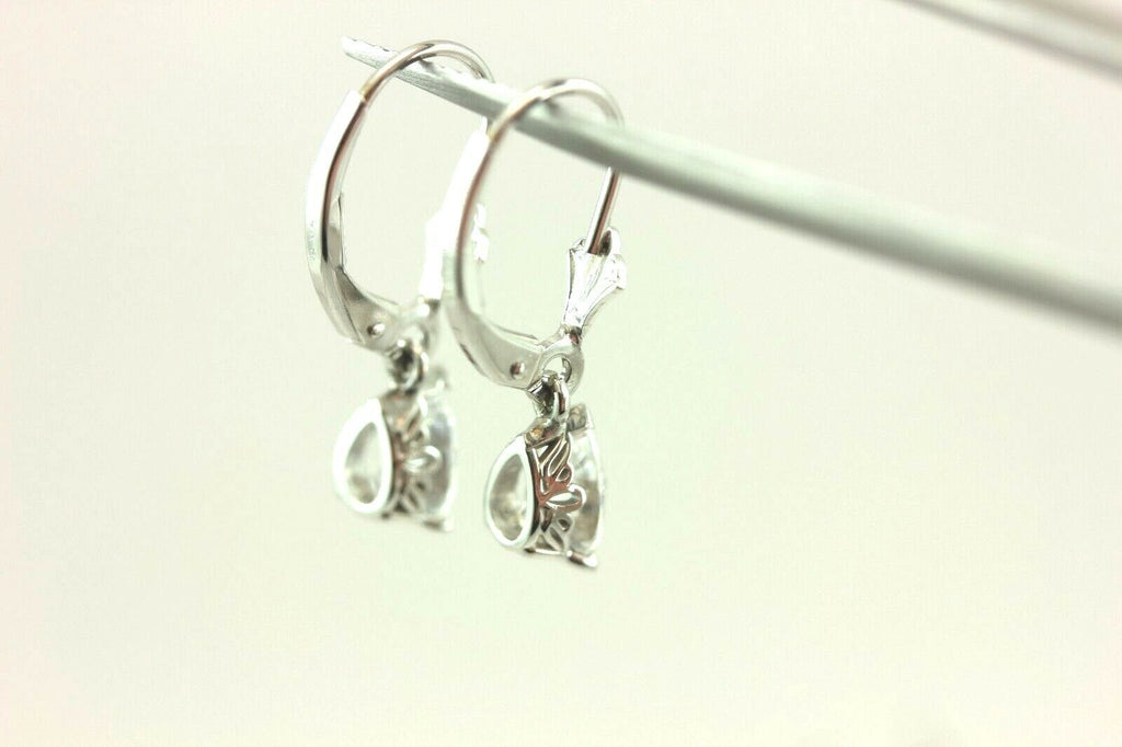 14k white gold 7.5mm CZ pear dangle earrings scroll fleur de lis leverback NEW