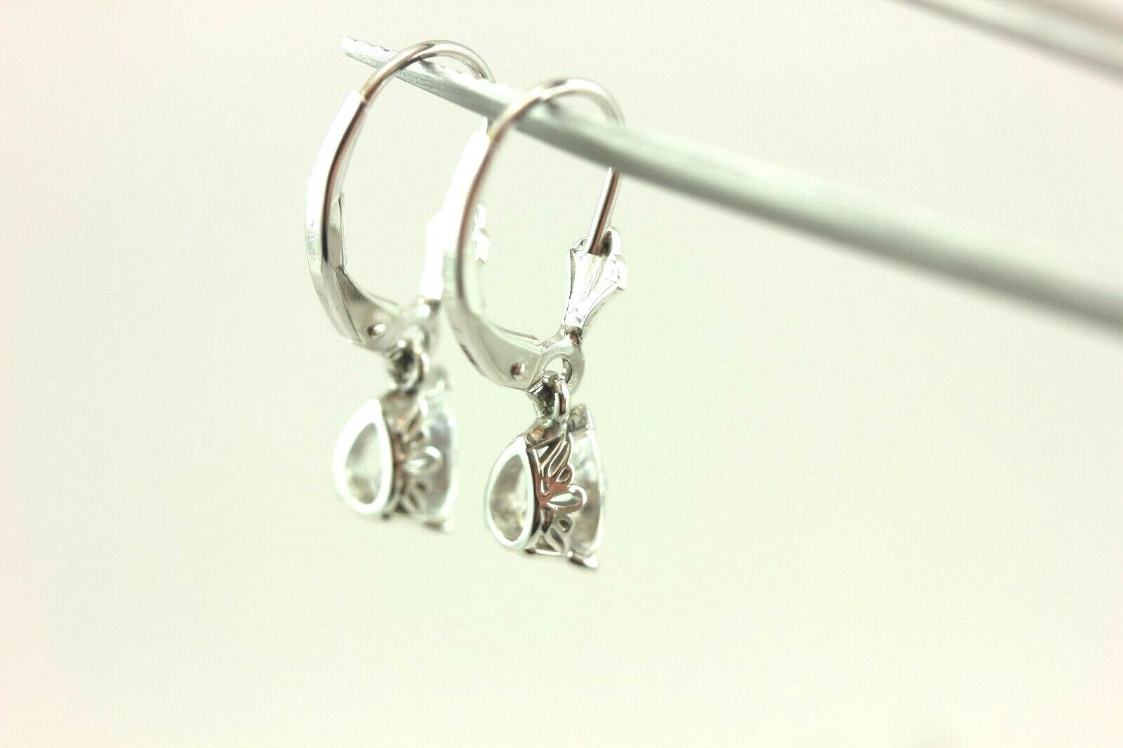 14k white gold 7.5mm CZ pear dangle earrings scroll fleur de lis leverback NEW