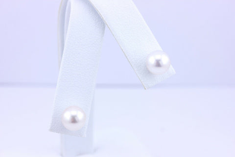 14k white gold round white pearl stud earrings 7.25-7.30mm new pierced