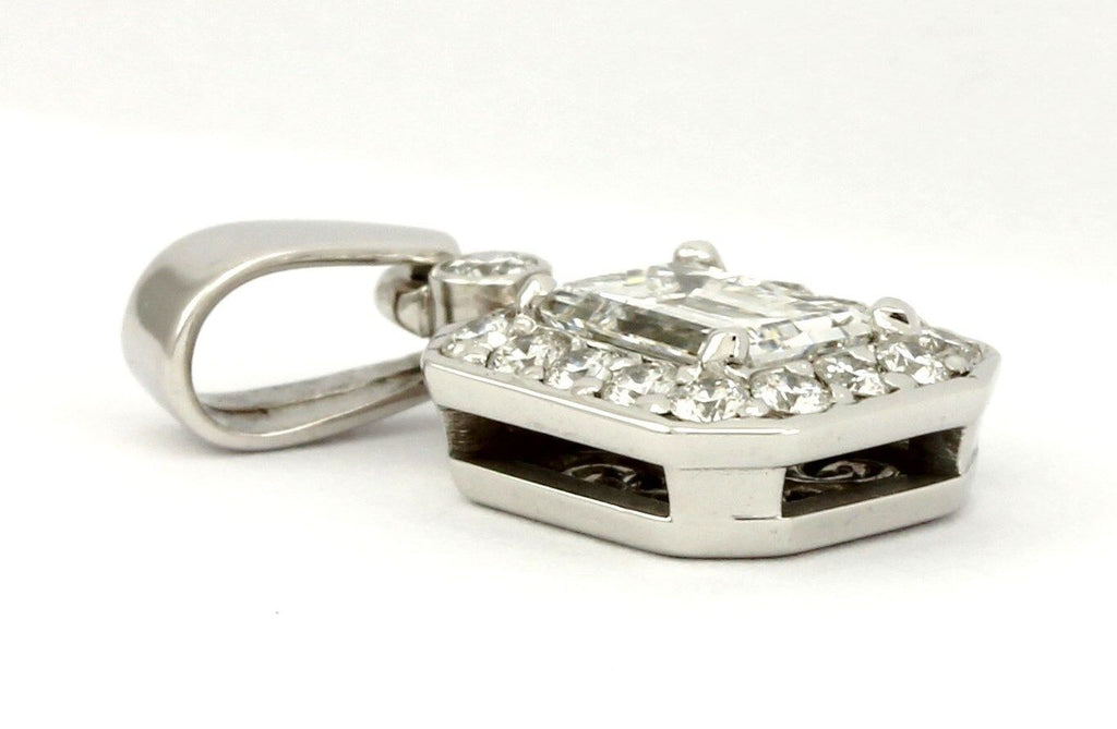 14k white gold 20mm drop halo pendant GIA emerald cut diamond ESTATE 1.15ctw