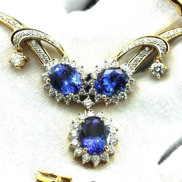 18k yellow gold 18 inch necklace 8 ctw oval Tanzanite 2 ctw round Diamond estate