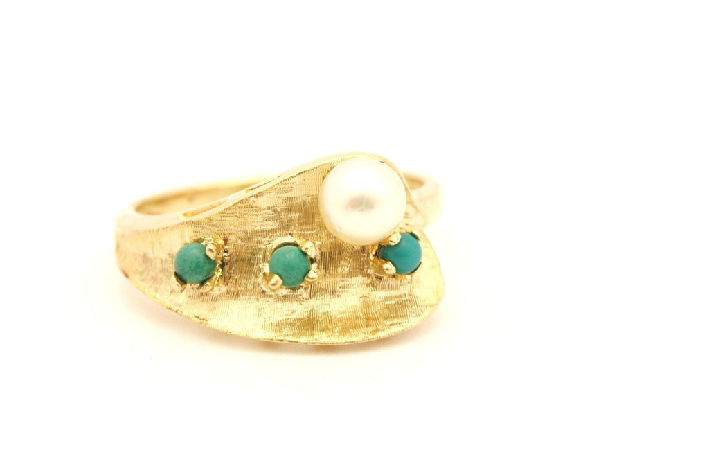 14k yellow gold 4.7mm pearl 2mm turquoise 9.6mm band ring size 5.5 3.11g vintage