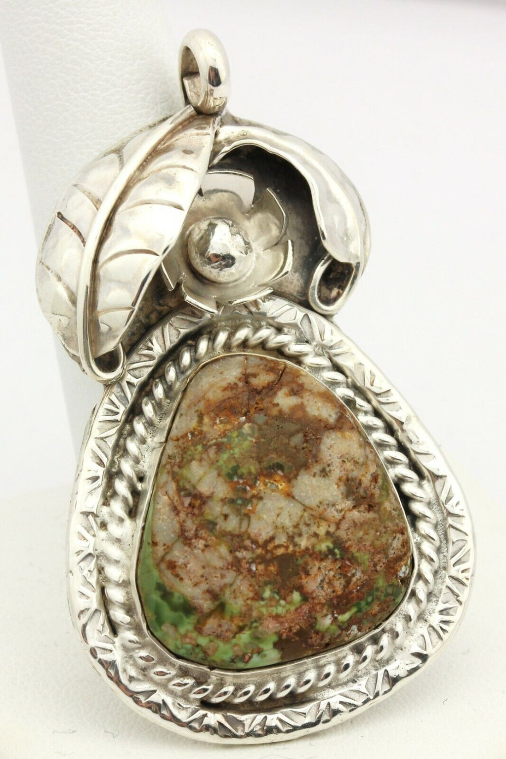 sterling silver flower pendant red green rock stone 21g 2 inch vintage estate
