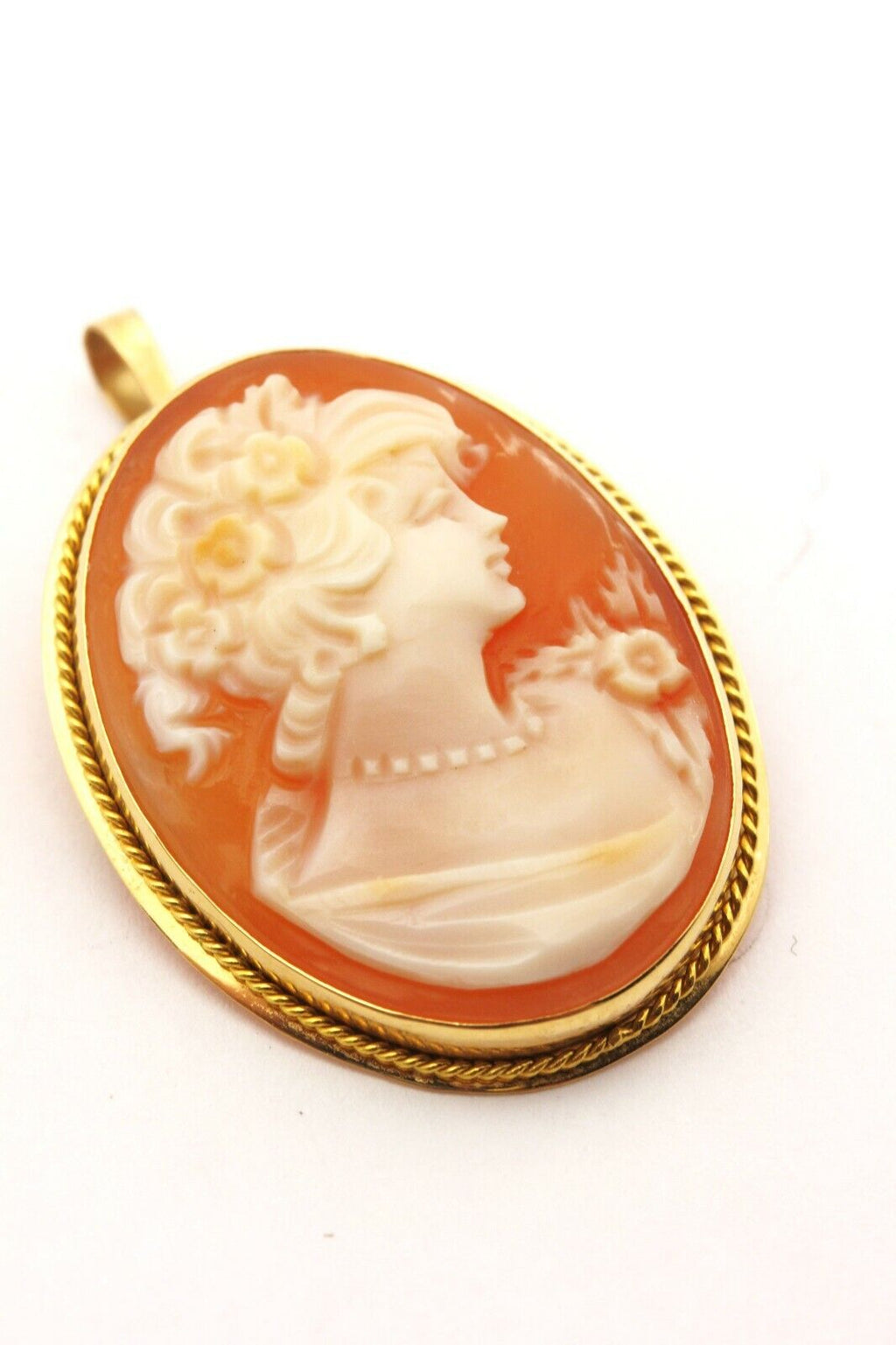Italy 18k yellow gold 1 inch shell cameo pendant pin brooch 3.8g vintage estate