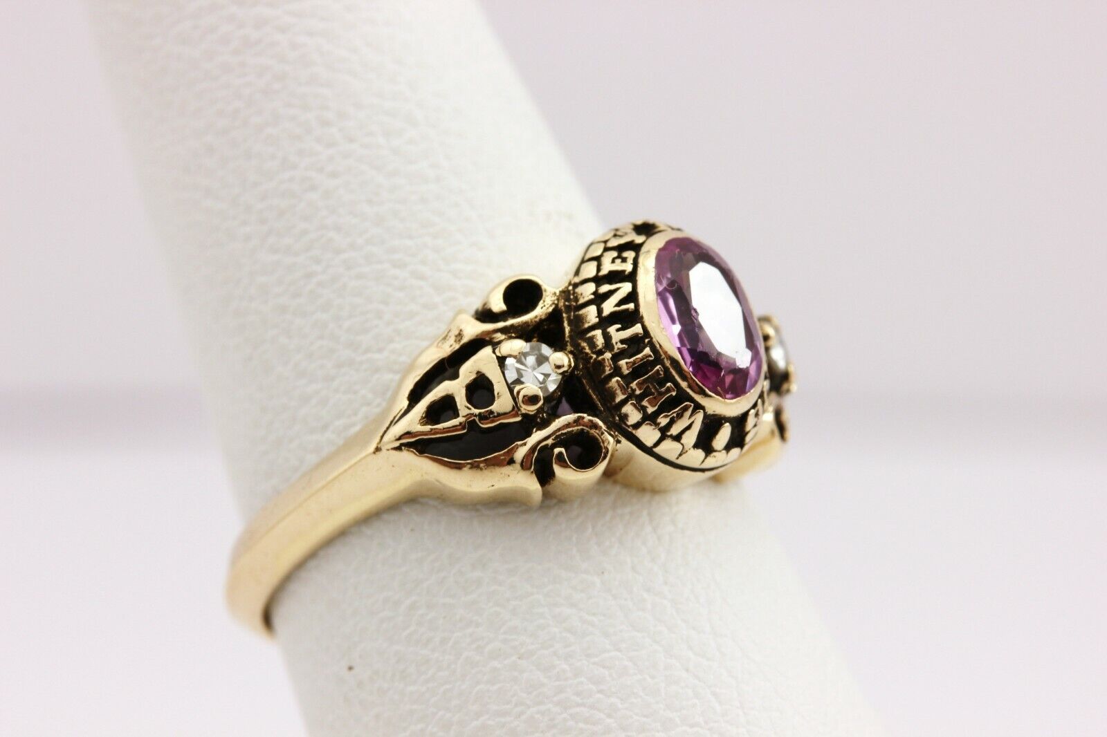10k yellow gold pink sapphire diamond class ring 1984 size 6.25 estate vintage