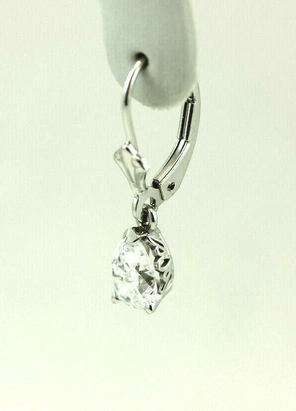 14k white gold 7.5mm CZ pear dangle earrings scroll fleur de lis leverback NEW