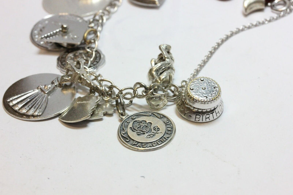 sterling silver 7 inch charm bracelet chain 21 charms estate vintage 45.46g